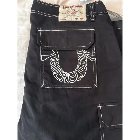 NWT True Religion Outline Graphic Letter Cargo Pants Jet Black Size 36 Rare Y2K